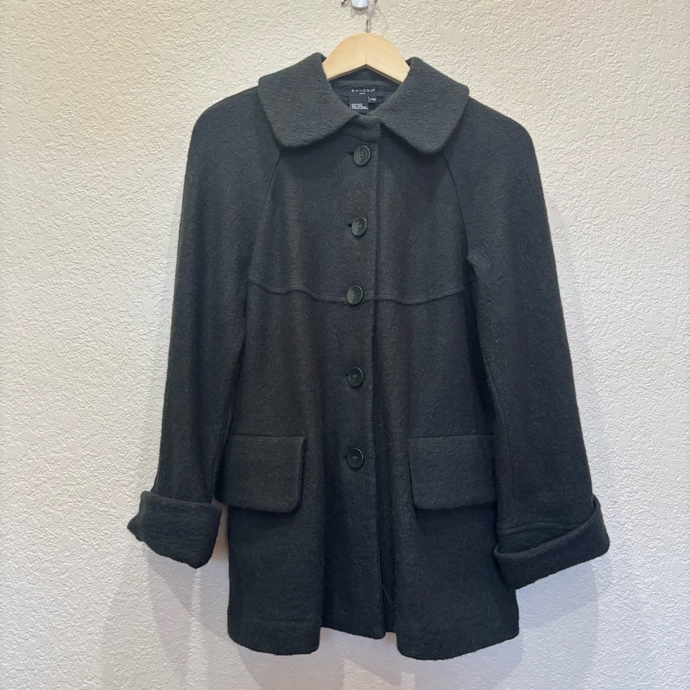 Sandro 100% Wool Button Front Coat in Dark Forrest Green Size Petite Medium
